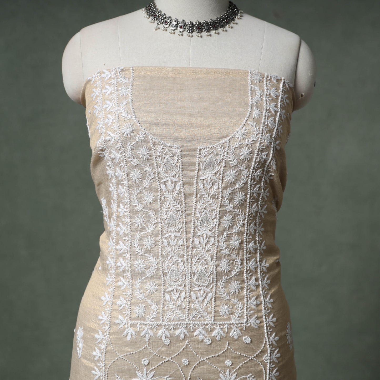 Lucknowi Chikankari Beadwork Tissue Zari Silk Unstitched Dress Material: Kurta with Dupatta 06