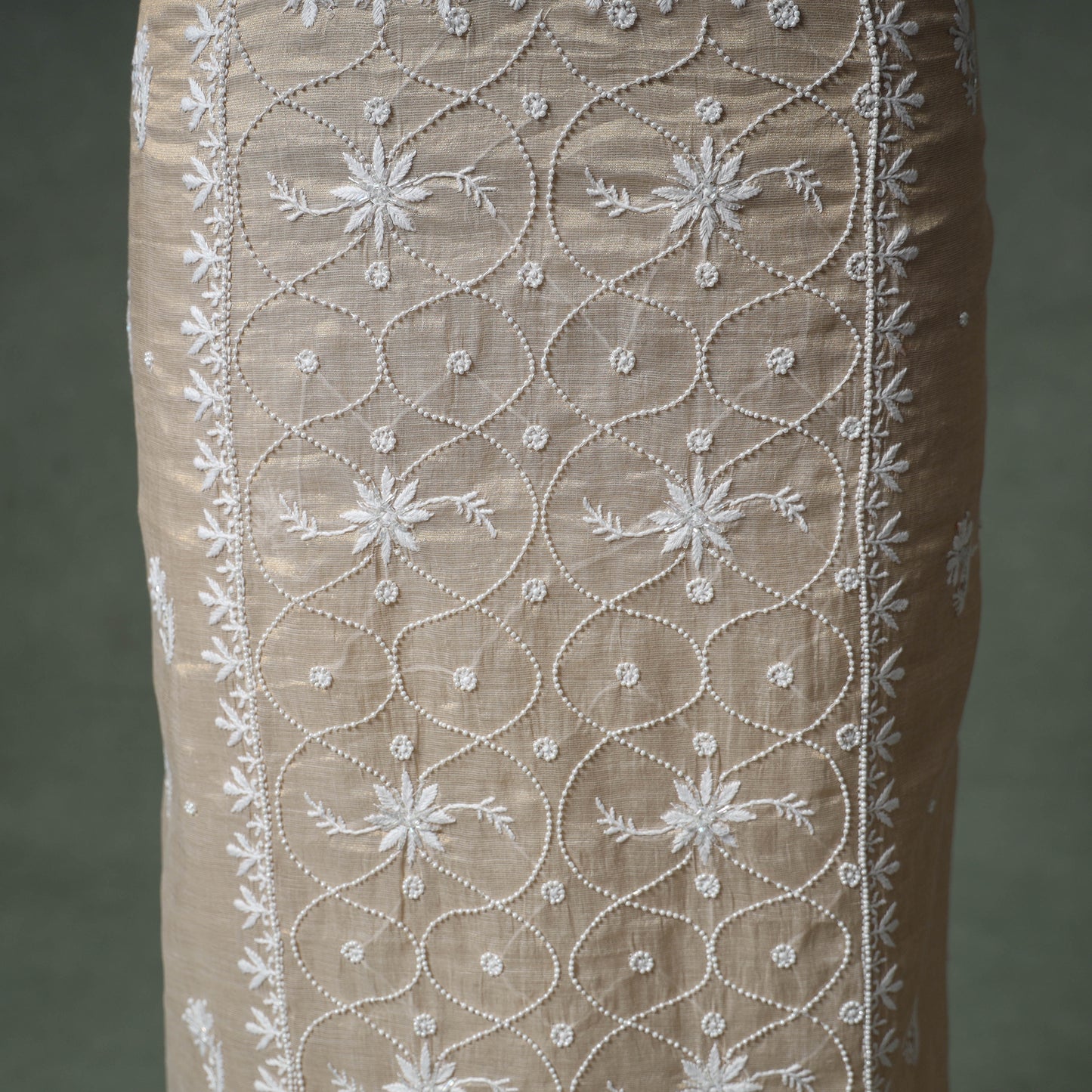 Lucknowi Chikankari Beadwork Tissue Zari Silk Unstitched Dress Material: Kurta with Dupatta 06