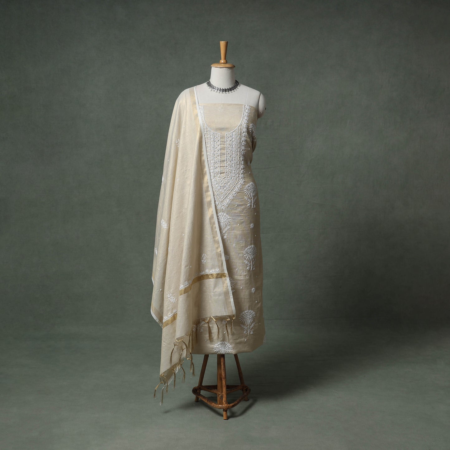 Lucknowi Chikankari Beadwork Tissue Zari Silk Unstitched Dress Material: Kurta with Dupatta 07