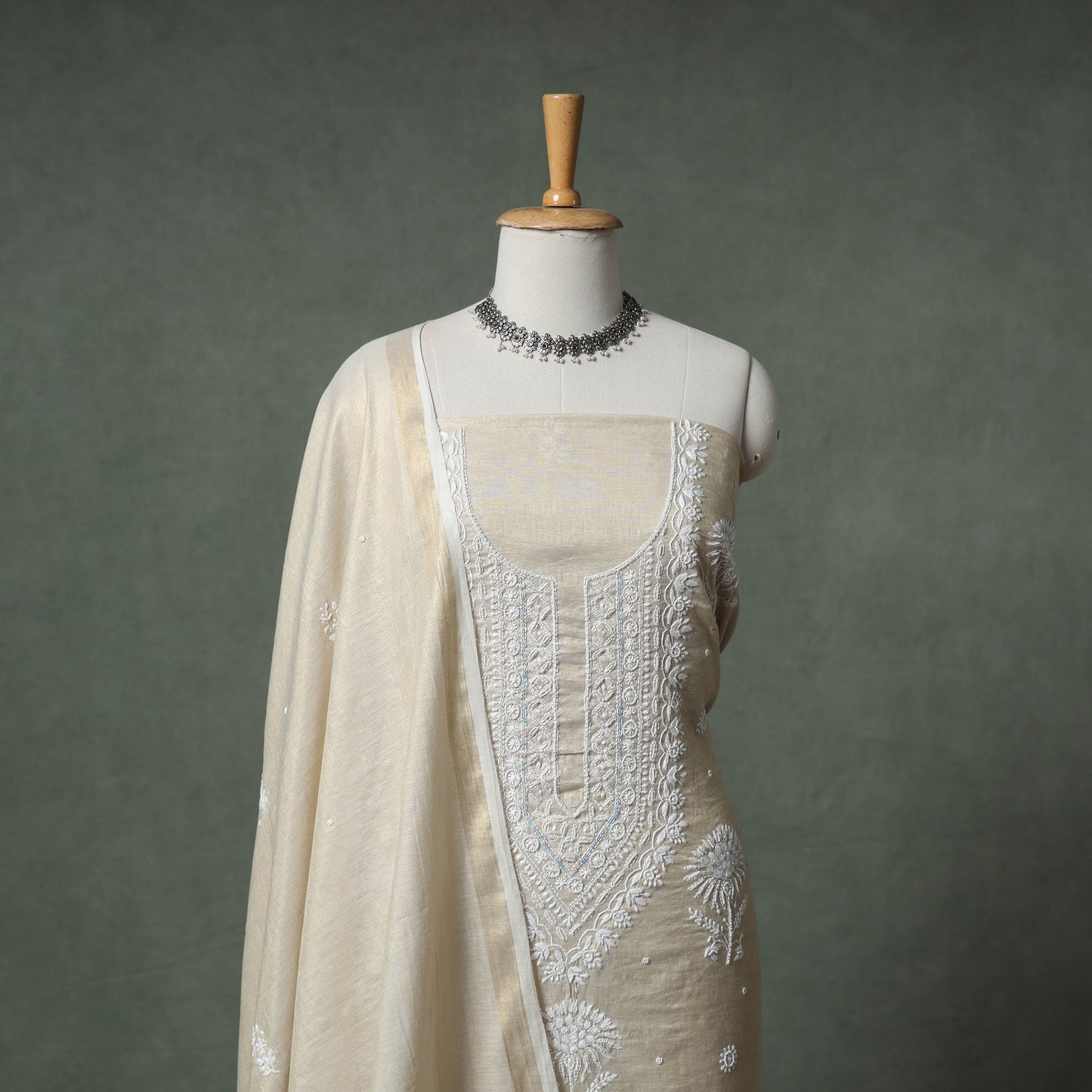 Lucknowi Chikankari Beadwork Tissue Zari Silk Unstitched Dress Material: Kurta with Dupatta 07