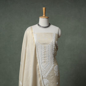 Lucknowi Chikankari Beadwork Tissue Zari Silk Unstitched Dress Material: Kurta with Dupatta 07
