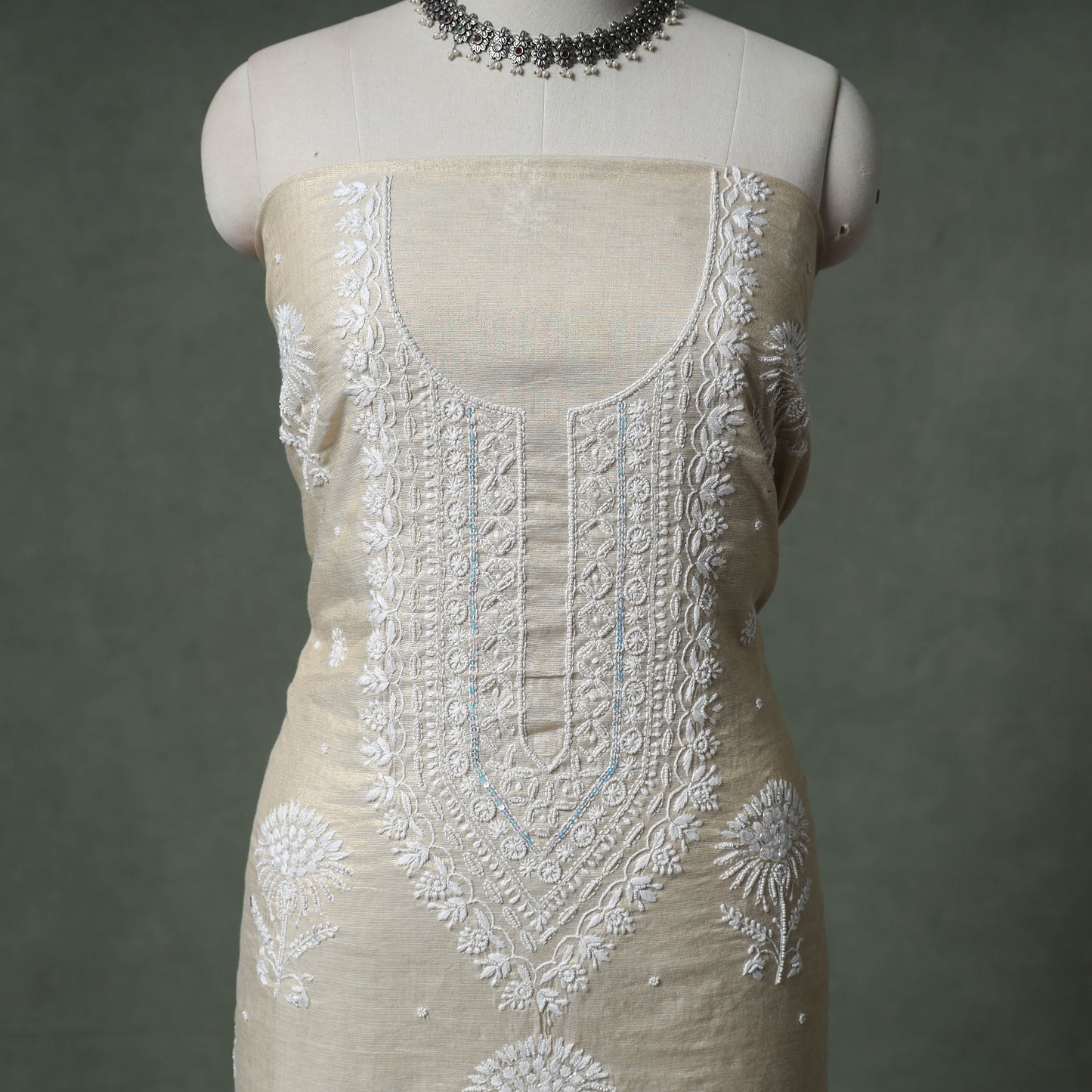 Lucknowi Chikankari Beadwork Tissue Zari Silk Unstitched Dress Material: Kurta with Dupatta 07