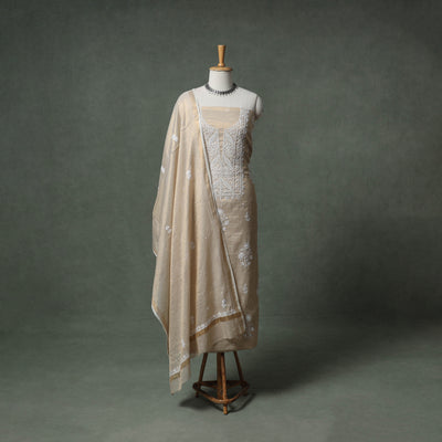 Lucknowi Chikankari Beadwork Tissue Zari Silk Unstitched Dress Material: Kurta with Dupatta 08