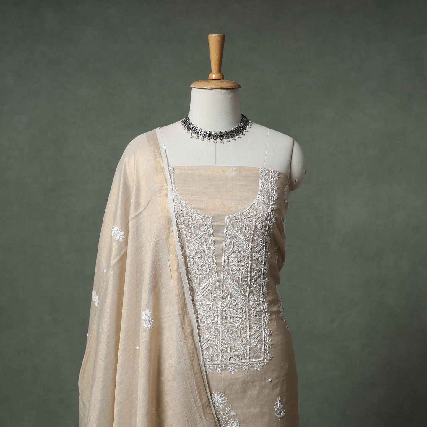 Lucknowi Chikankari Beadwork Tissue Zari Silk Unstitched Dress Material: Kurta with Dupatta 08