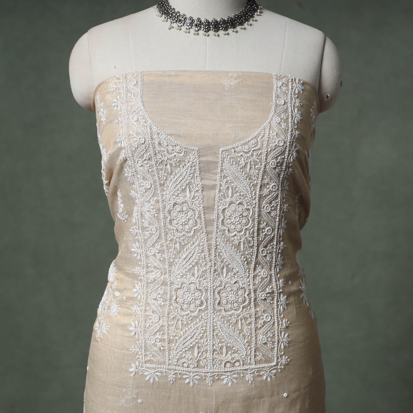 Lucknowi Chikankari Beadwork Tissue Zari Silk Unstitched Dress Material: Kurta with Dupatta 08