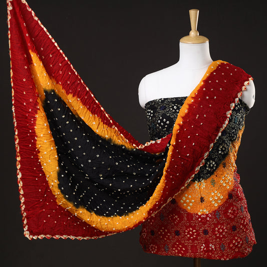 3pc Kutch Bandhani Tie-Dye Zari Work Satin Cotton Suit Material Set 170