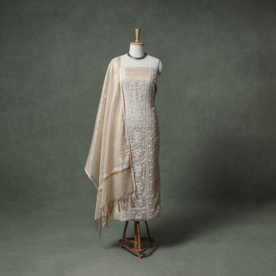 Lucknowi Chikankari Beadwork Tissue Zari Silk Unstitched Dress Material: Kurta with Dupatta 09