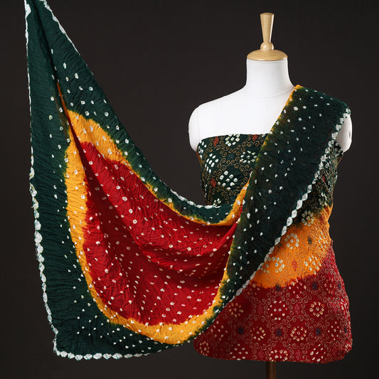 Multicolor - 3pc Kutch Bandhani Tie-Dye Zari Work Satin Cotton Suit Material Set 171