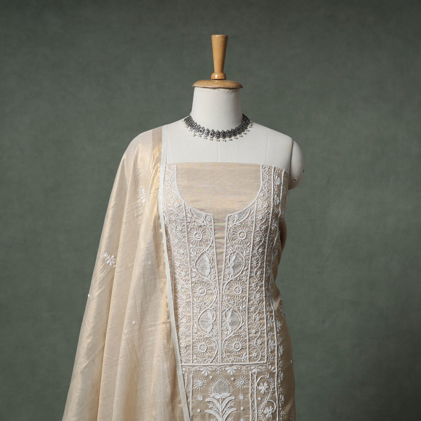 Lucknowi Chikankari Beadwork Tissue Zari Silk Unstitched Dress Material: Kurta with Dupatta 09