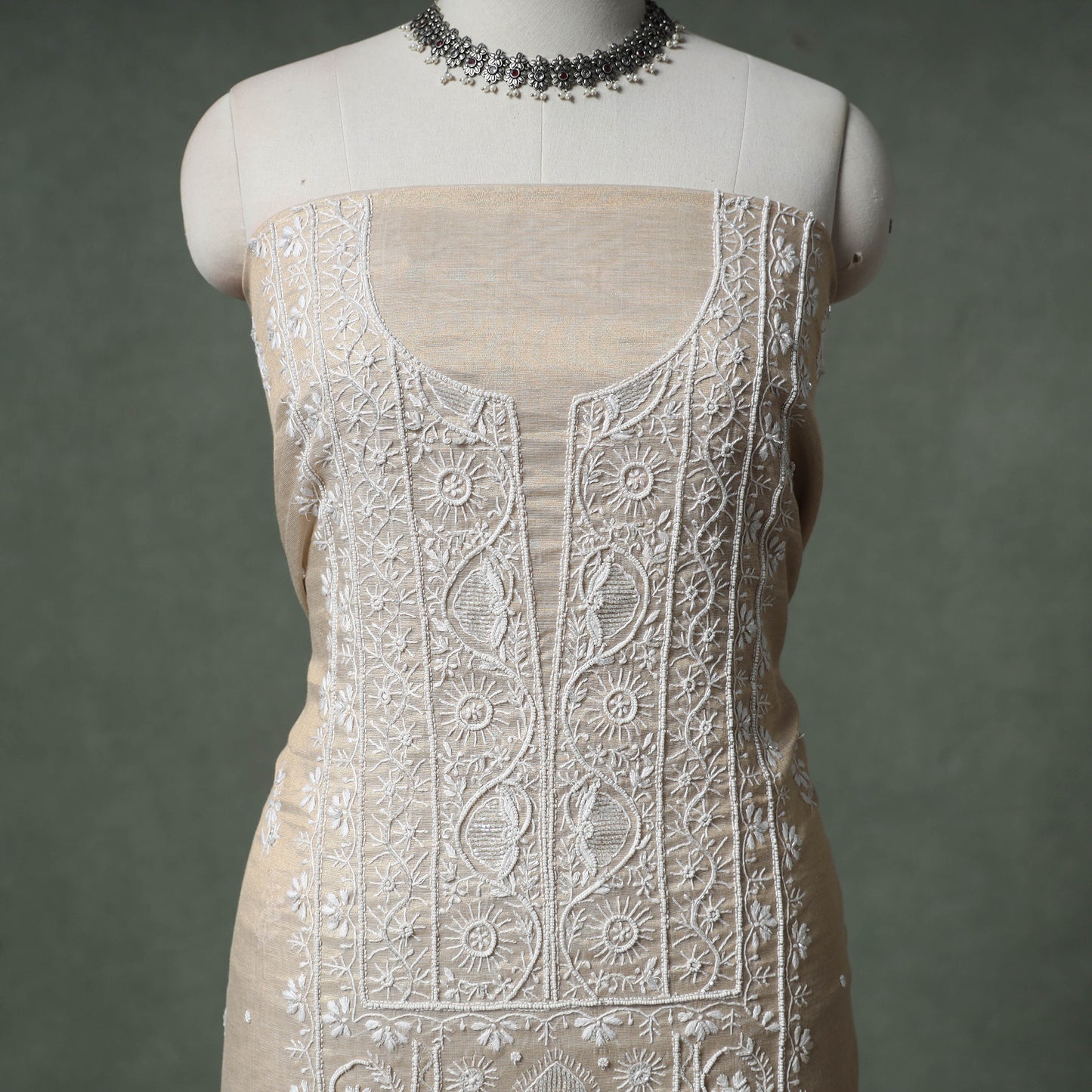 Lucknowi Chikankari Beadwork Tissue Zari Silk Unstitched Dress Material: Kurta with Dupatta 09
