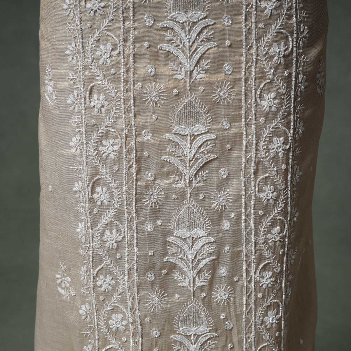 Lucknowi Chikankari Beadwork Tissue Zari Silk Unstitched Dress Material: Kurta with Dupatta 09