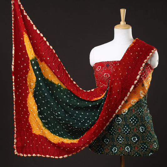 Multicolor - 3pc Kutch Bandhani Tie-Dye Zari Work Satin Cotton Suit Material Set 173