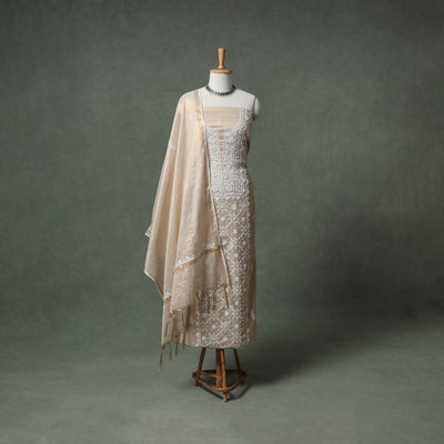 Lucknowi Chikankari Beadwork Tissue Zari Silk Unstitched Dress Material: Kurta with Dupatta 10