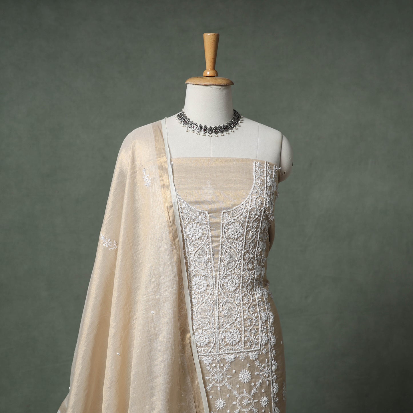 Lucknowi Chikankari Beadwork Tissue Zari Silk Unstitched Dress Material: Kurta with Dupatta 10