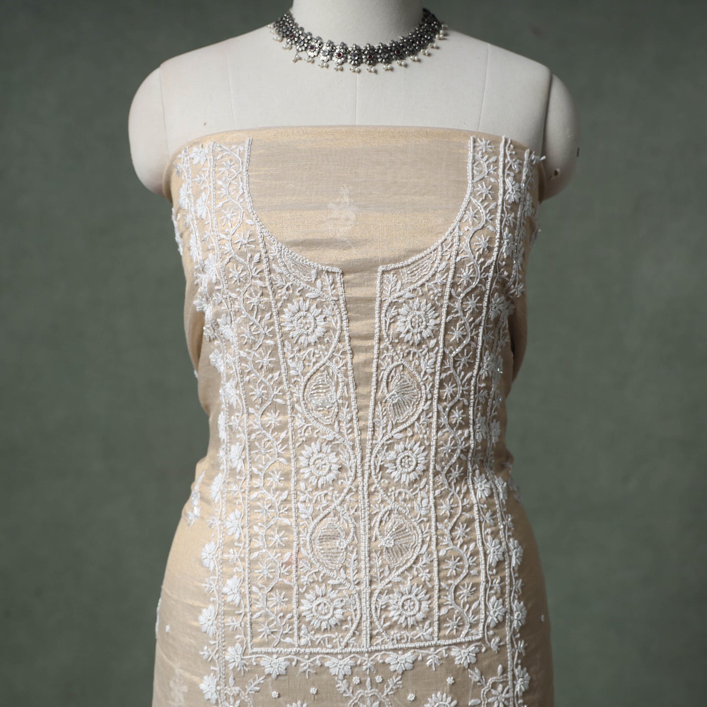 Lucknowi Chikankari Beadwork Tissue Zari Silk Unstitched Dress Material: Kurta with Dupatta 10