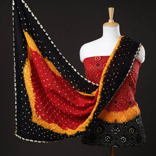 Multicolor - 3pc Kutch Bandhani Tie-Dye Zari Work Satin Cotton Suit Material Set 175