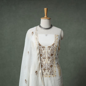Lucknowi Chikankari Mul Chanderi Unstitched Dress Material: Kurta with Dupatta 11