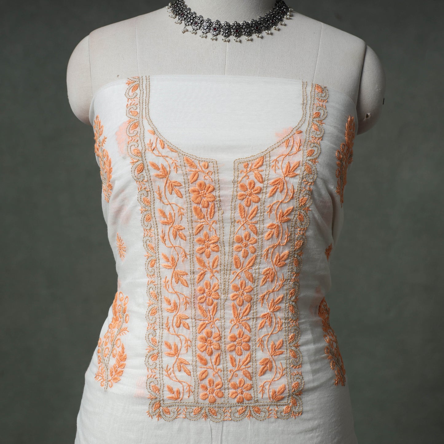 Lucknowi Chikankari Mul Chanderi Unstitched Dress Material: Kurta with Dupatta 13