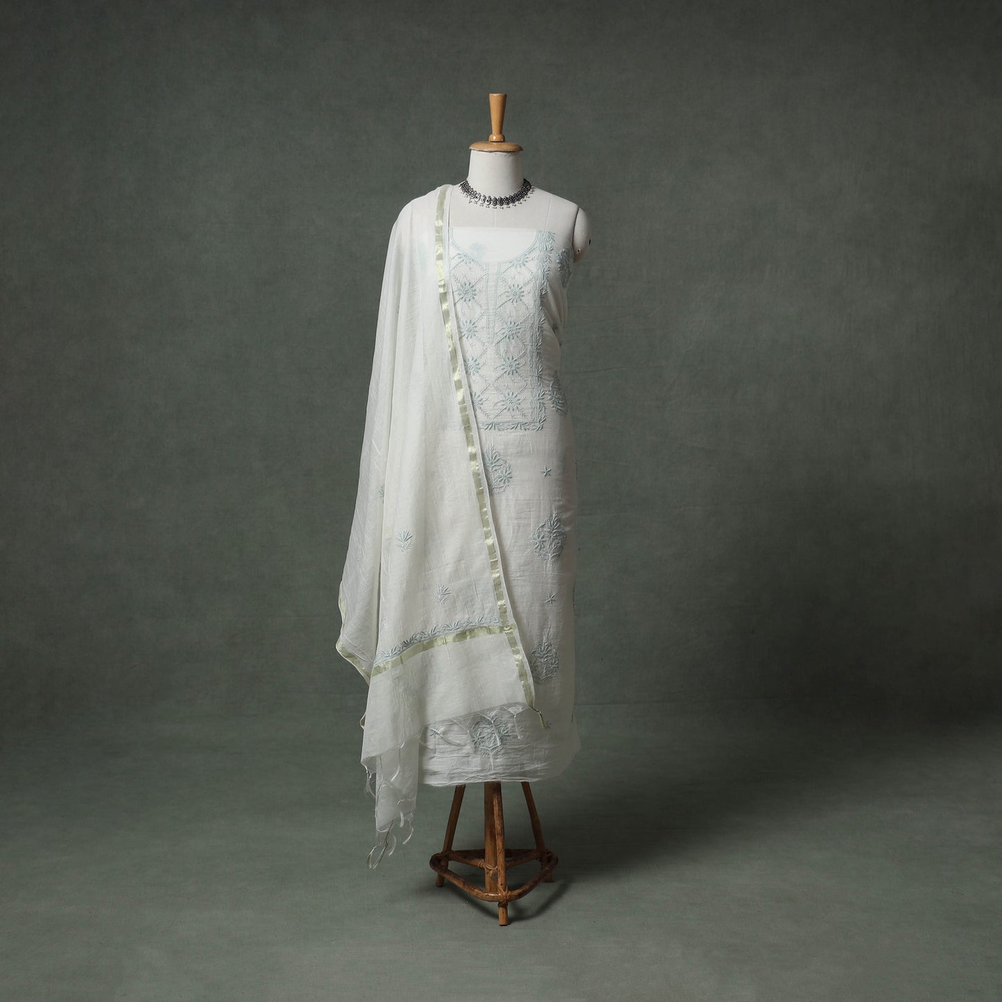 Lucknowi Chikankari Mul Chanderi Unstitched Dress Material: Kurta with Dupatta 12