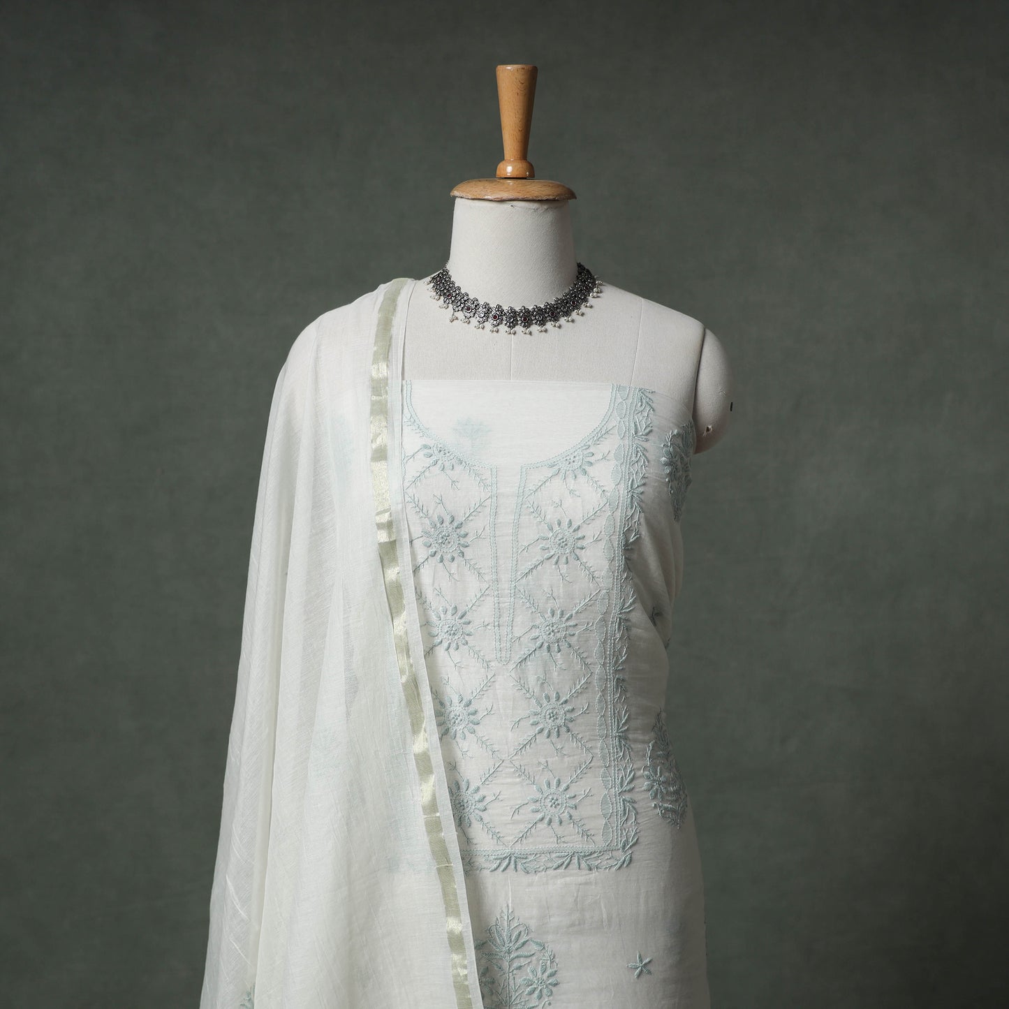 Lucknowi Chikankari Mul Chanderi Unstitched Dress Material: Kurta with Dupatta 12