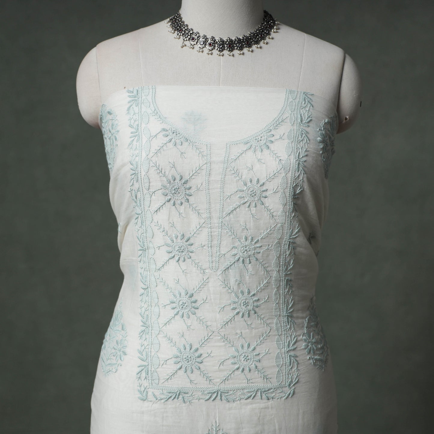Lucknowi Chikankari Mul Chanderi Unstitched Dress Material: Kurta with Dupatta 12