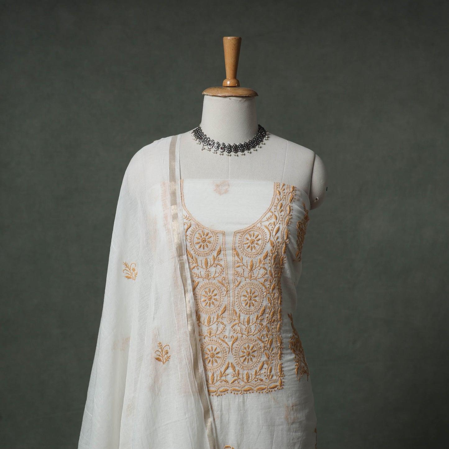 Lucknowi Chikankari Mul Chanderi Unstitched Dress Material: Kurta with Dupatta 14