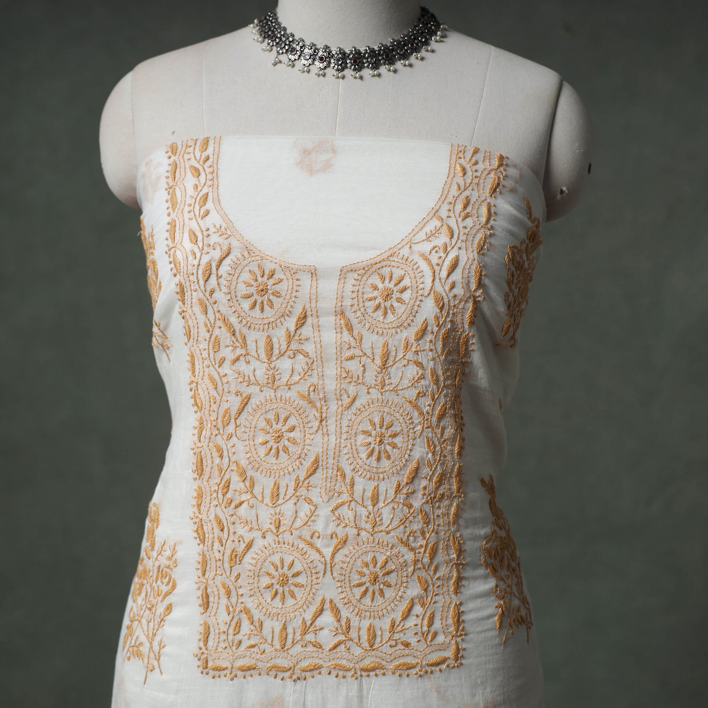 Lucknowi Chikankari Mul Chanderi Unstitched Dress Material: Kurta with Dupatta 14