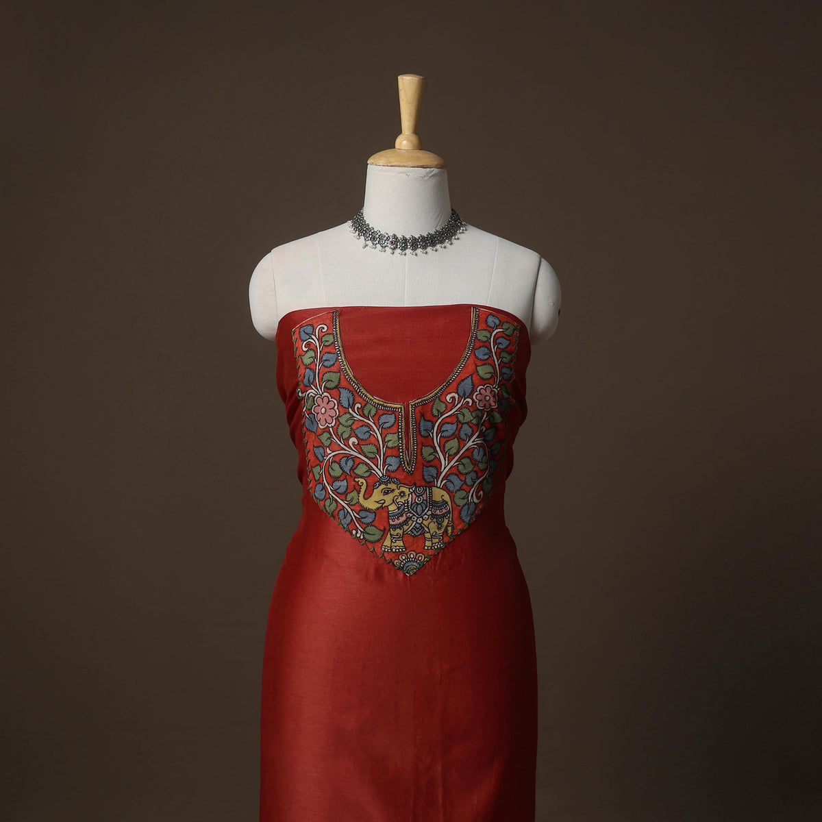 Handpainted Srikalahasti Handloom Chanderi Silk Unstitched Kurta (2.5M) 02