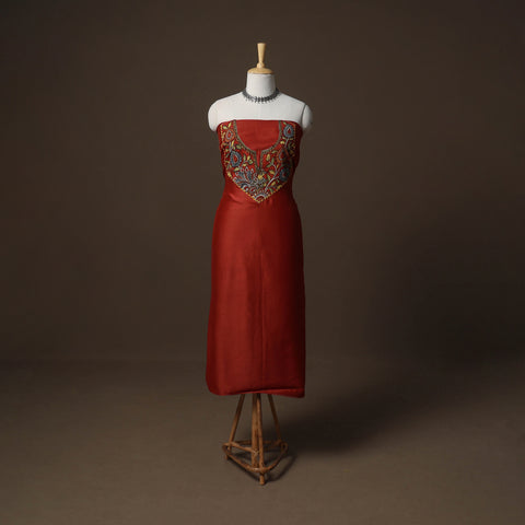 Red - Handpainted Srikalahasti Handloom Chanderi Silk Unstitched Kurta (2.5M) 01
