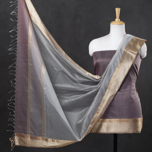 Light Purple - 2pc Maheshwari Silk Handloom Suit Material Set with Resham Zari Border