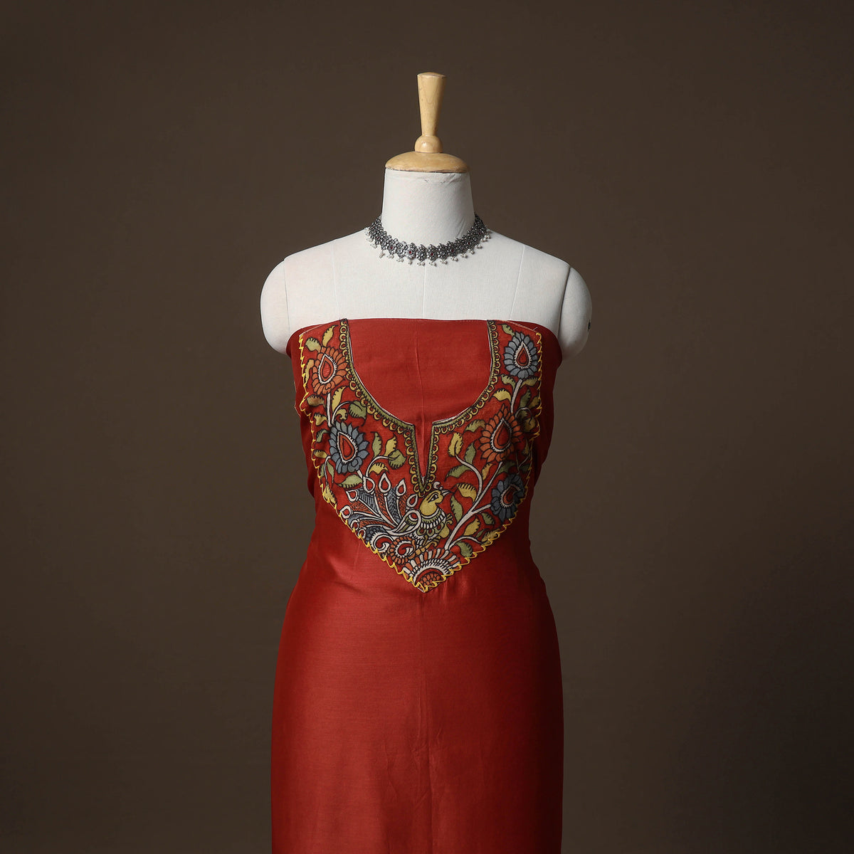 Handpainted Srikalahasti Handloom Chanderi Silk Unstitched Kurta (2.5M) 01