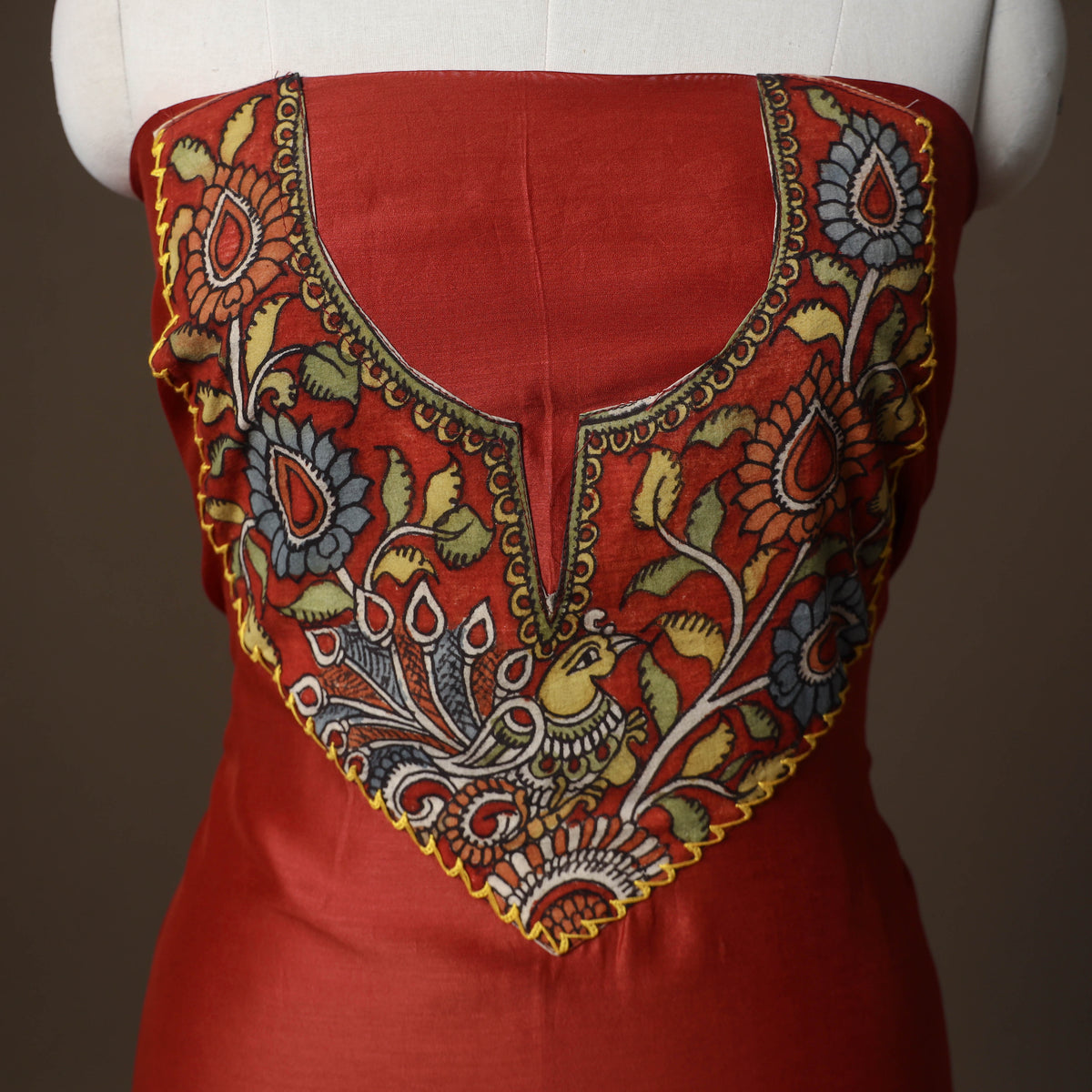 Handpainted Srikalahasti Handloom Chanderi Silk Unstitched Kurta (2.5M) 01