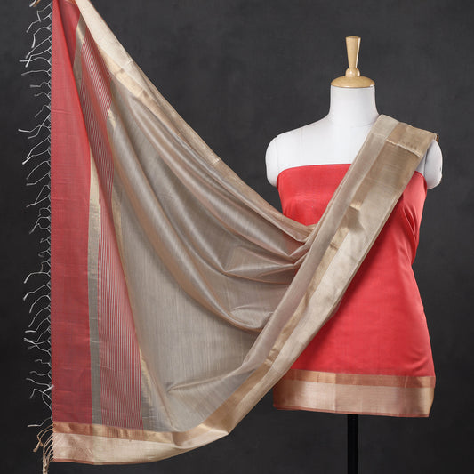 Pink - 2pc Maheshwari Silk Handloom Suit Material Set with Resham Zari Border