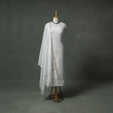 Lucknowi Chikankari Mul Chanderi Unstitched Dress Material: Kurta with Dupatta 15