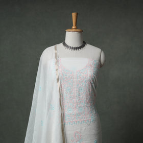 Lucknowi Chikankari Mul Chanderi Unstitched Dress Material: Kurta with Dupatta 15