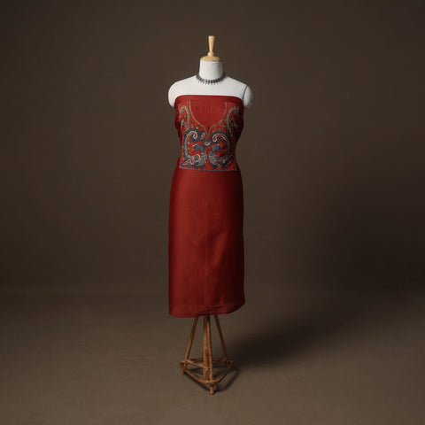 Red - Handpainted Srikalahasti Handloom Chanderi Silk Unstitched Kurta (2.5M) 03