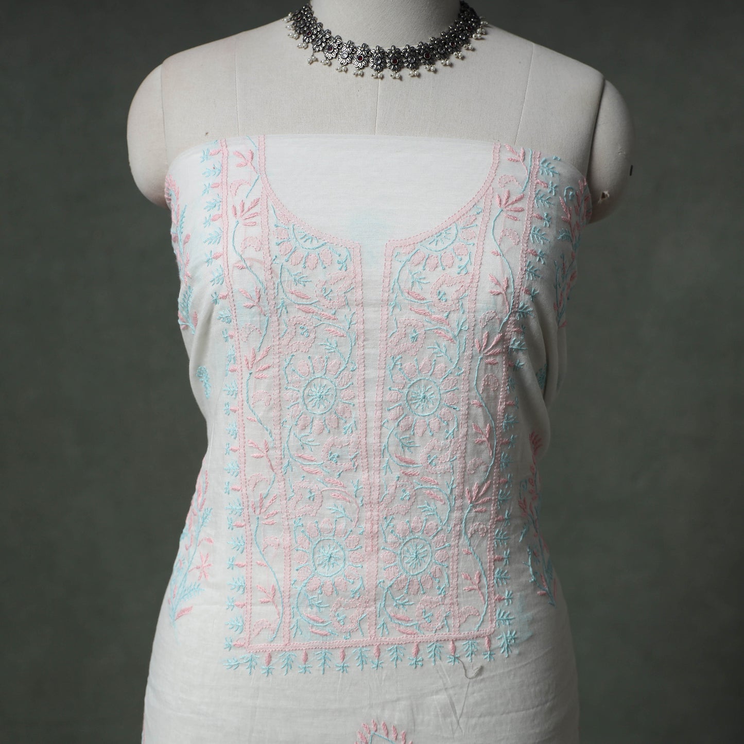 Lucknowi Chikankari Mul Chanderi Unstitched Dress Material: Kurta with Dupatta 15