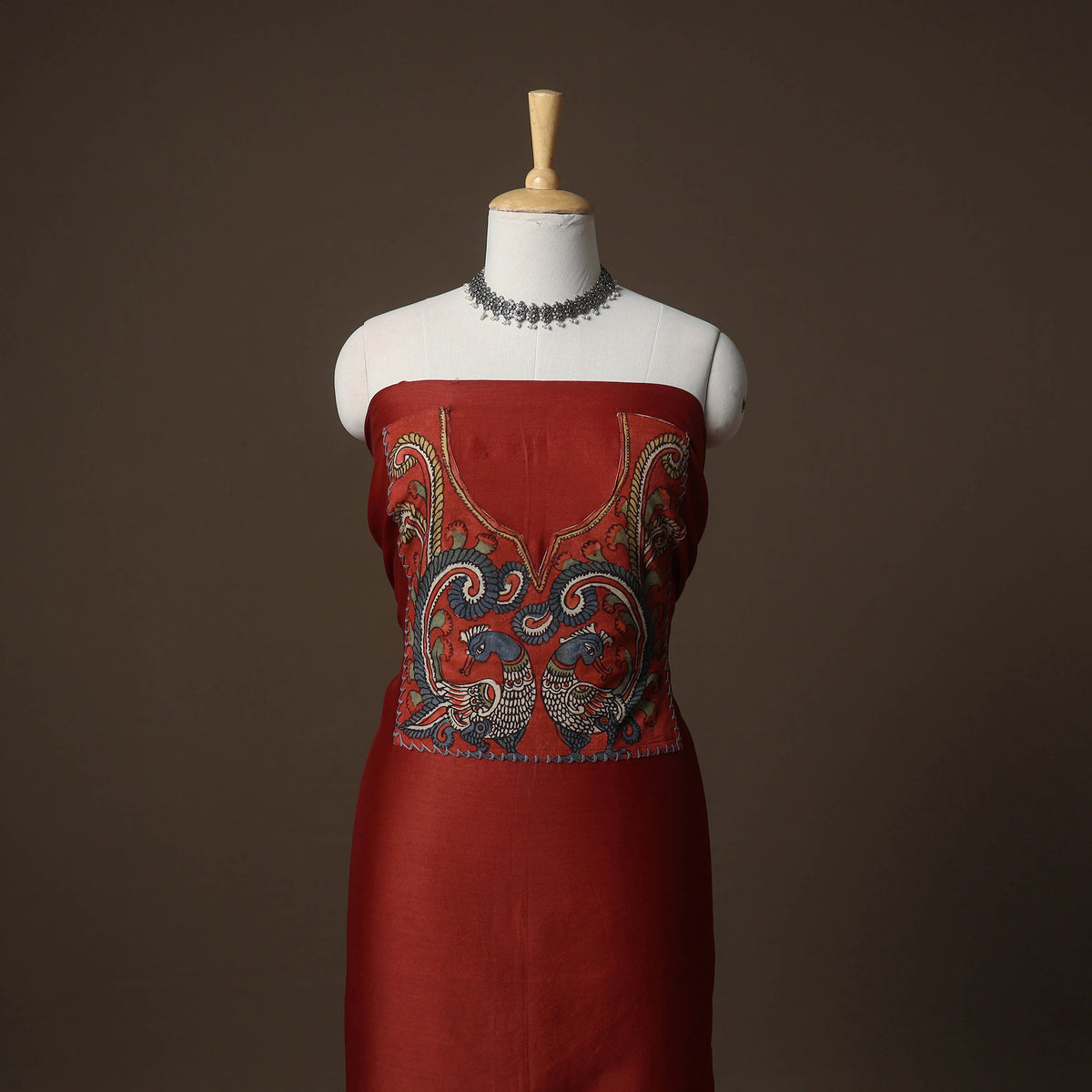 Handpainted Srikalahasti Handloom Chanderi Silk Unstitched Kurta (2.5M) 03