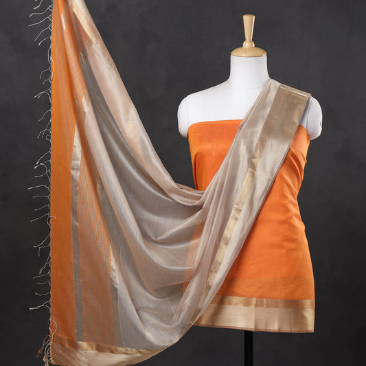Orange - 2pc Maheshwari Silk Handloom Suit Material Set with Resham Zari Border