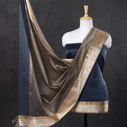 Blue - 2pc Maheshwari Silk Handloom Suit Material Set with Resham Zari Border