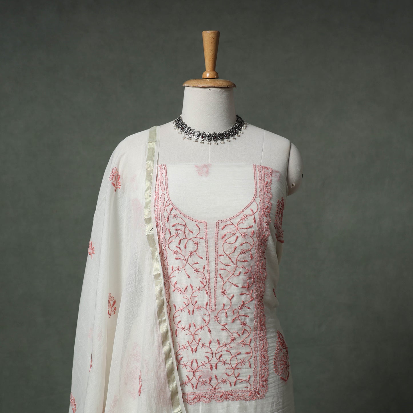 Lucknowi Chikankari Mul Chanderi Unstitched Dress Material: Kurta with Dupatta 16