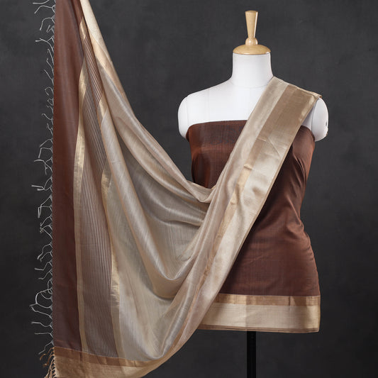 Brown - 2pc Maheshwari Silk Handloom Suit Material Set with Resham Zari Border