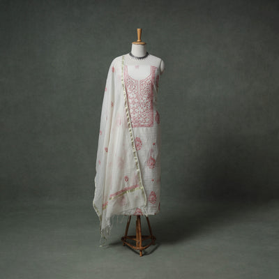 Lucknowi Chikankari Mul Chanderi Unstitched Dress Material: Kurta with Dupatta 16