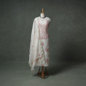 Lucknowi Chikankari Mul Chanderi Unstitched Dress Material: Kurta with Dupatta 16