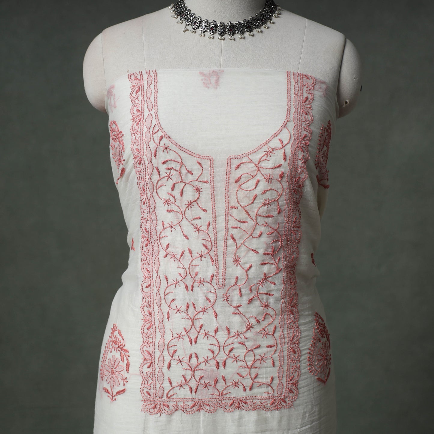 Lucknowi Chikankari Mul Chanderi Unstitched Dress Material: Kurta with Dupatta 16