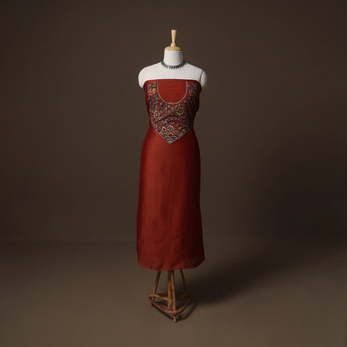 Handpainted Srikalahasti Handloom Chanderi Silk Unstitched Kurta (2.5M) 05