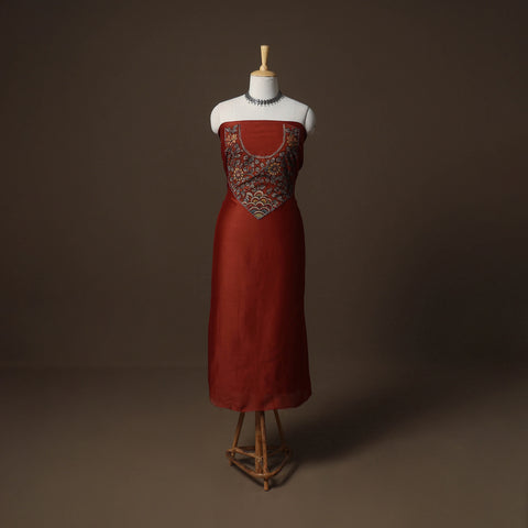 Red - Handpainted Srikalahasti Handloom Chanderi Silk Unstitched Kurta (2.5M) 05