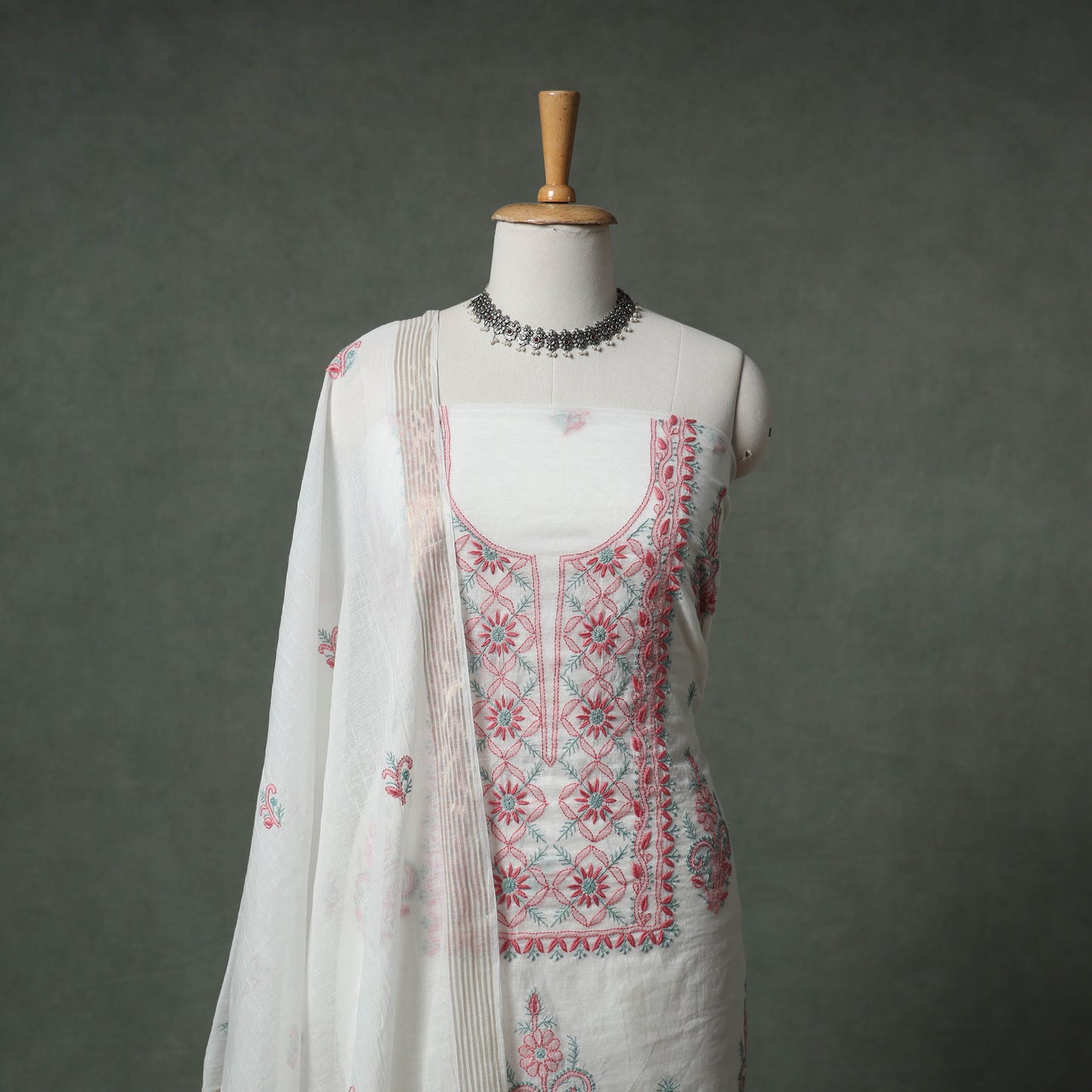 Lucknowi Chikankari Mul Chanderi Unstitched Dress Material: Kurta with Dupatta 17