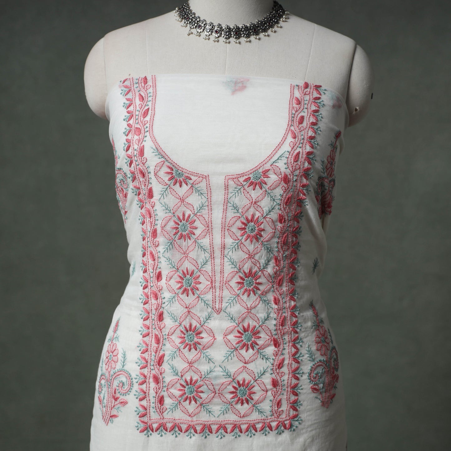 Lucknowi Chikankari Mul Chanderi Unstitched Dress Material: Kurta with Dupatta 17