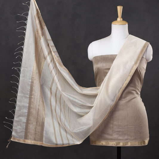 Brown - 2pc Maheshwari Silk Handloom Suit Material Set with Zari Border